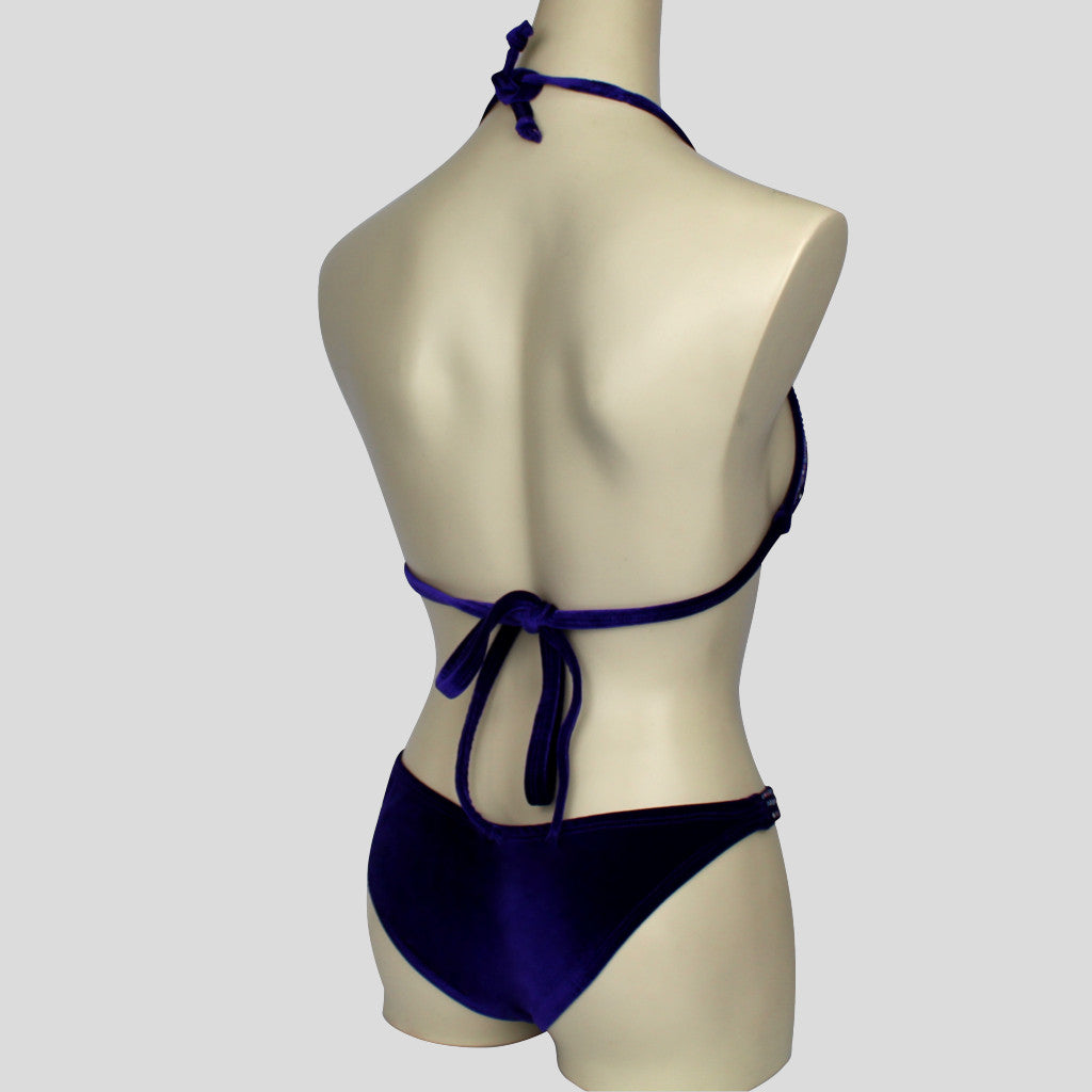 back view of the indigo velvet bodybuilding competition bikini with tie-up around the neck and back for an adjustable fit