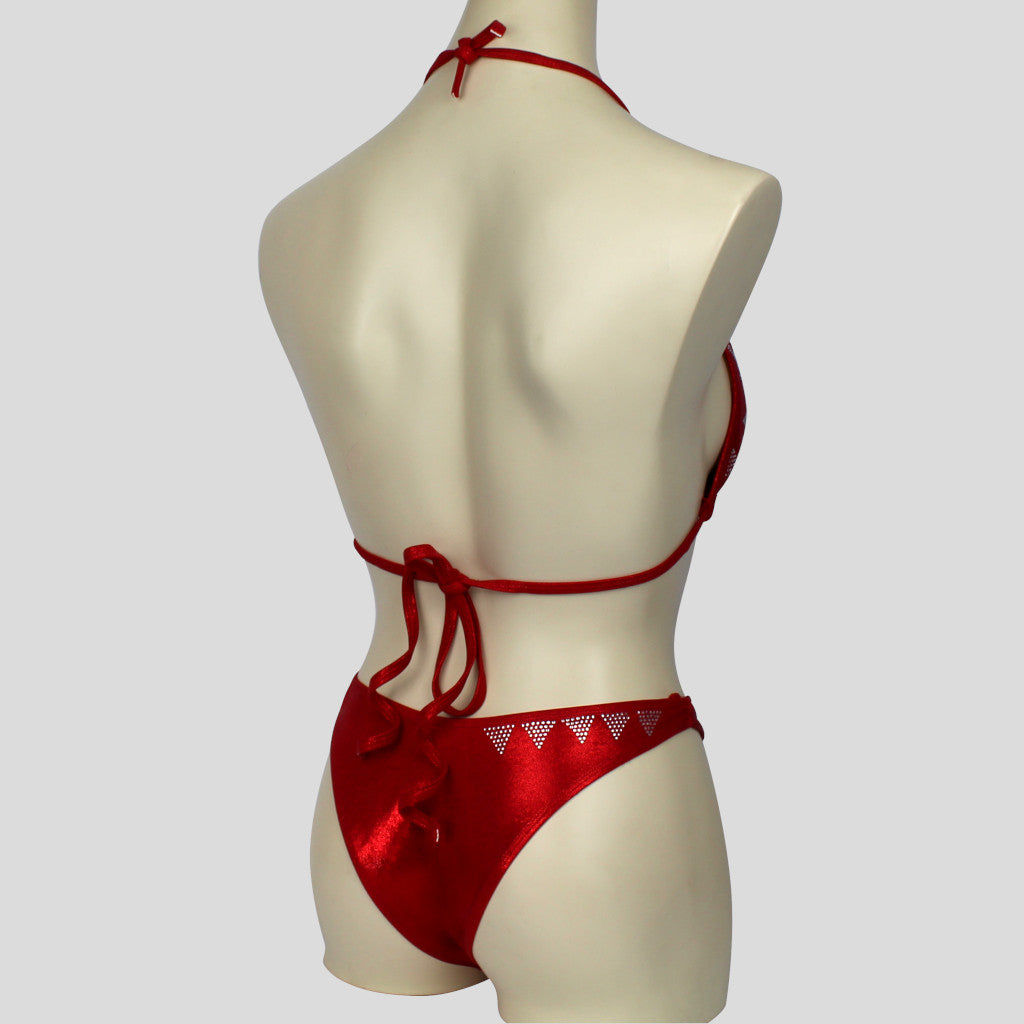 back view of figure bodybuilding bikini in red with triangle diamante embellishments and tie up neck and back