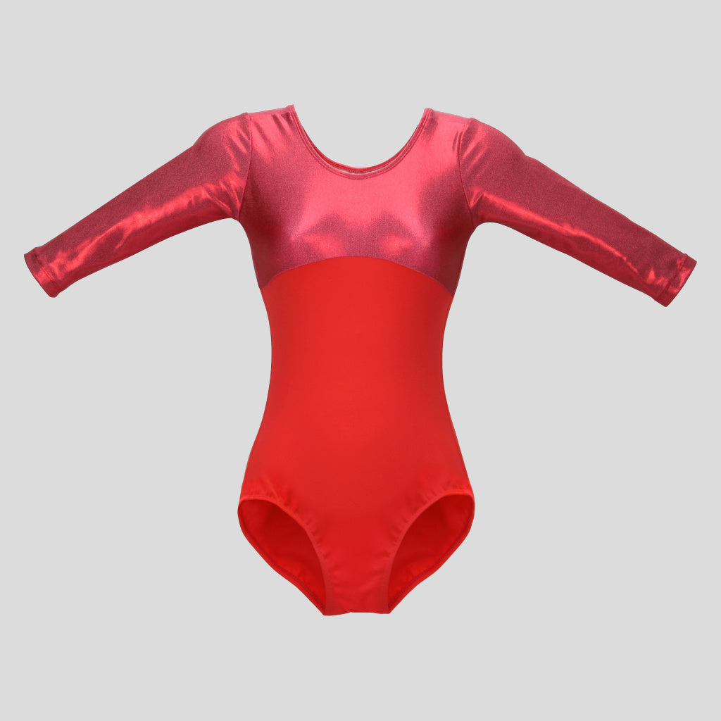 Australian made girls long sleeve leotard with a bright coral bodice and cool pink top