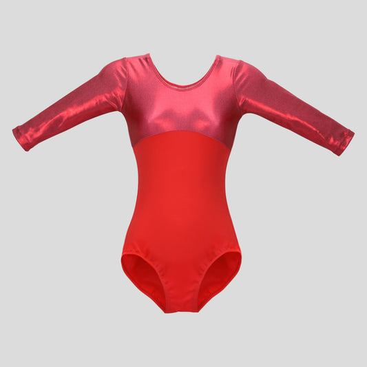 Australian made girls long sleeve leotard with a bright coral bodice and cool pink top