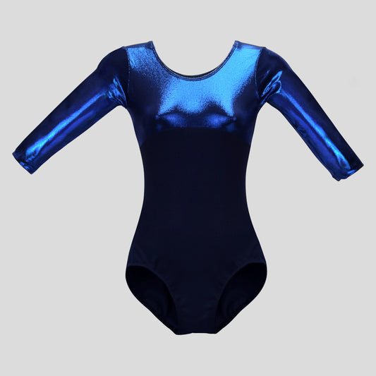 Australian made girls long sleeve gymnastics leotard with a dark blue navy bodice and a shiny metallic dark blue top