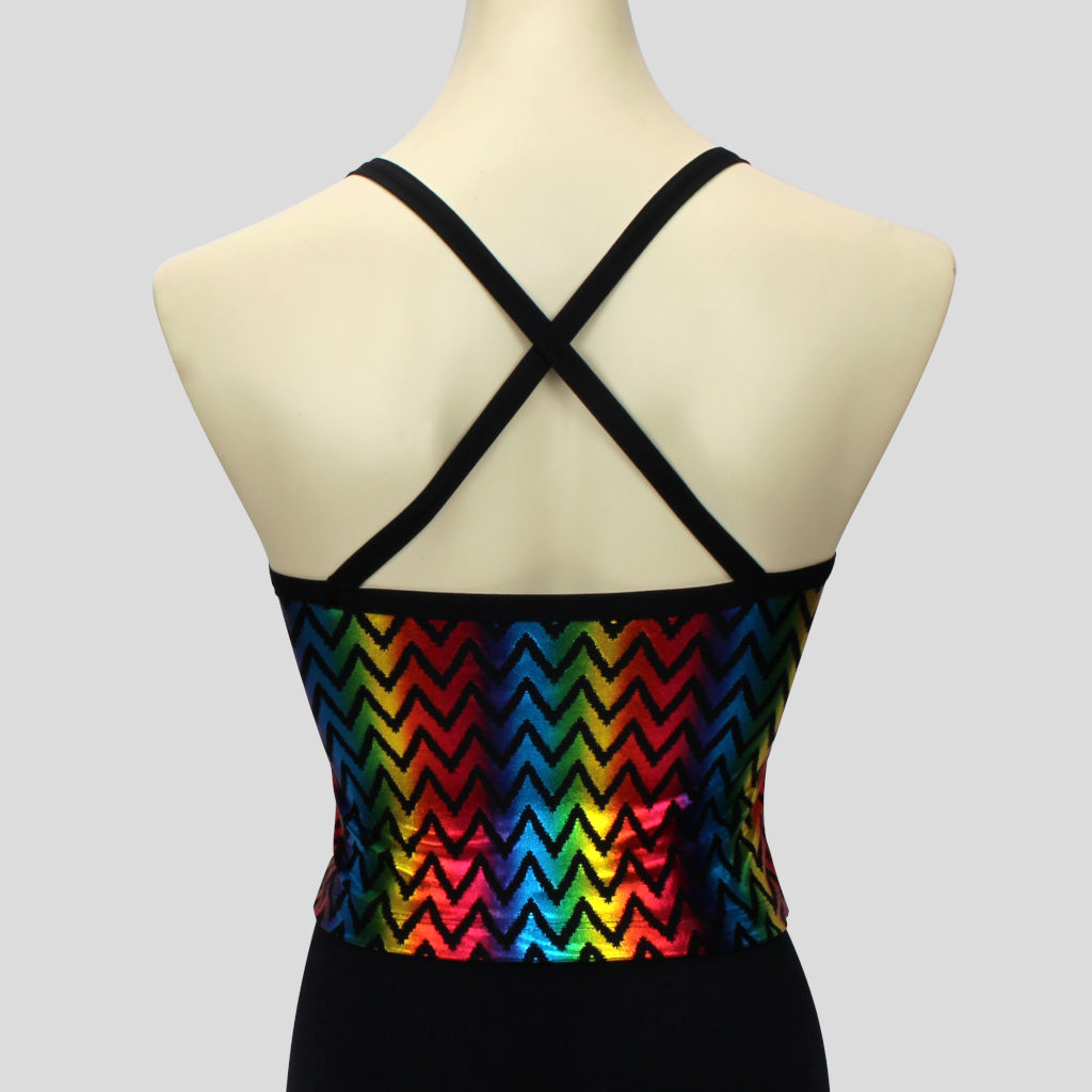 back view of the girls' metallic rainbow zigzag top with black straps