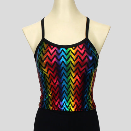 girls' metallic rainbow zigzag top with black straps
