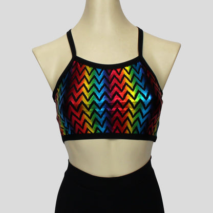 girls' metallic rainbow zigzag crop top with black straps