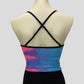 back view of the blue and pink pastel tie-dye top with sequin splash and black straps