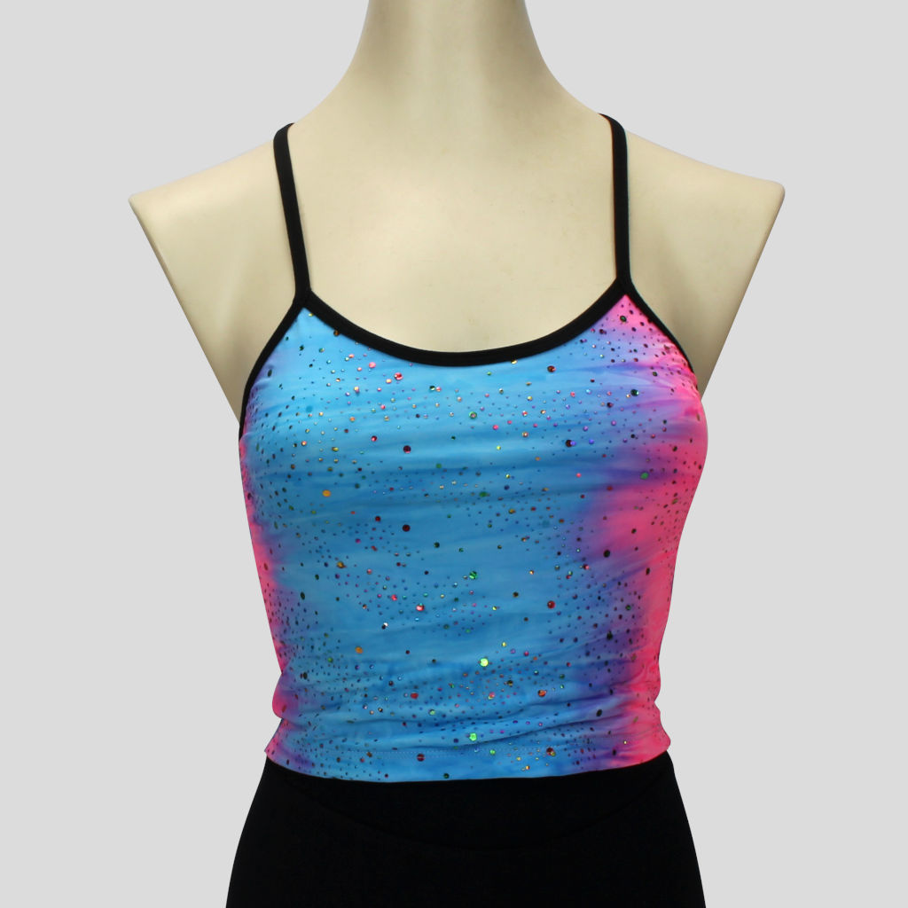 girls blue and pink pastel tie-dye top with sequin splash and black straps
