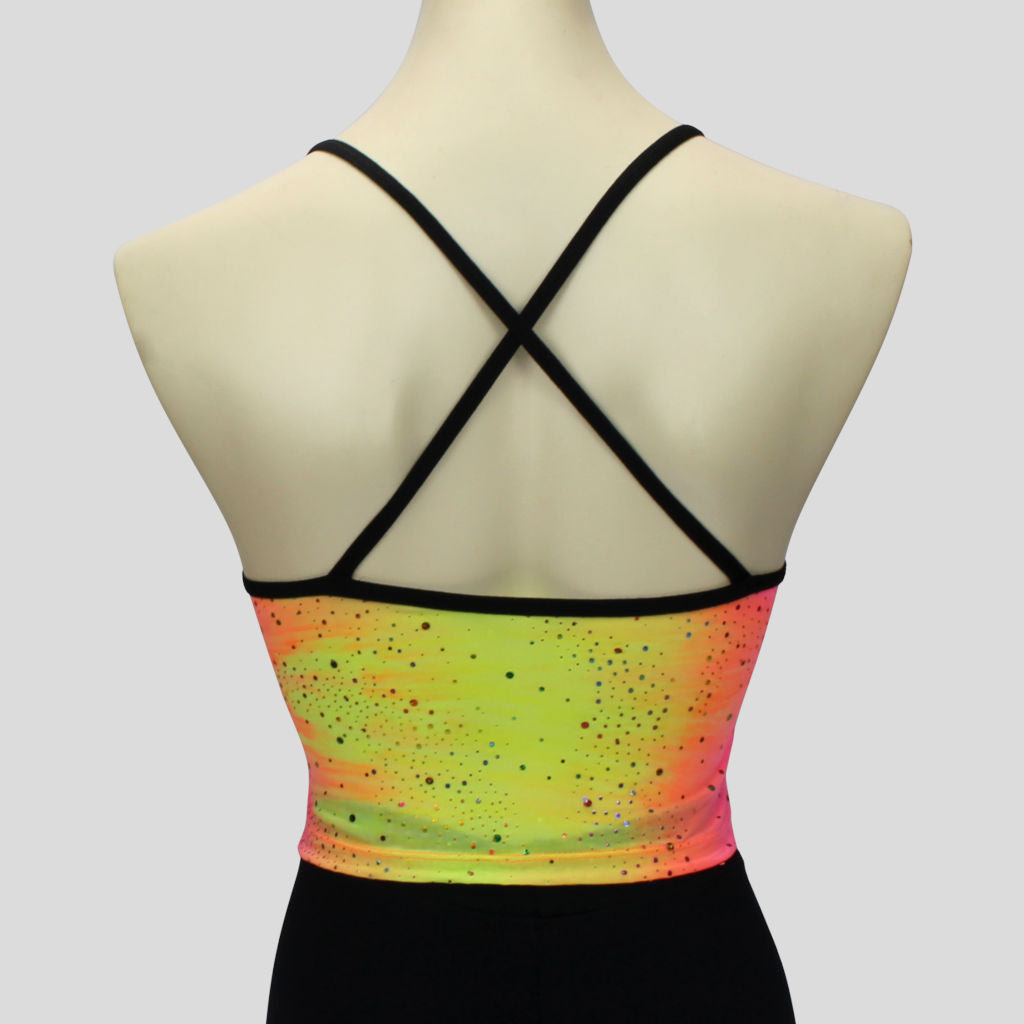 back view of the yellow and pink pastel tie-dye top with sequin splash and black straps