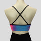 back view blue and pink pastel tie-dye crop with sequin splash and black straps
