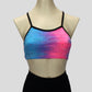 blue and pink pastel tie-dye crop with sequin splash and black straps
