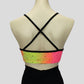 back view of girls' yellow and pink pastel tie-dye crop top with sequin splash and black straps