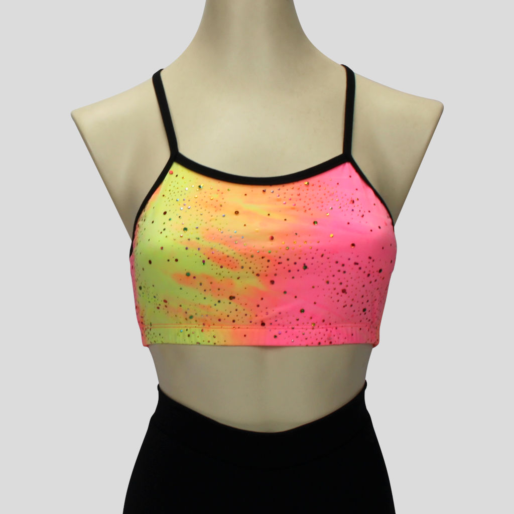 yellow and pink pastel tie-dye crop top with sequin splash and black straps