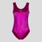 Australian made K-Lee Designs sleeveless leotard made with pink holographic velvet, adorned with beautiful diamante filigree design on the lower right