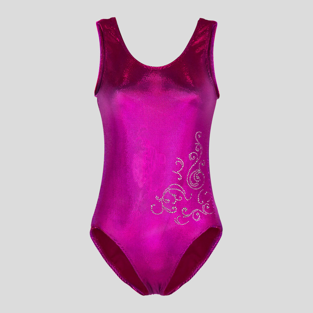 Australian made K-Lee Designs sleeveless leotard made with pink holographic velvet, adorned with beautiful diamante filigree design on the lower right