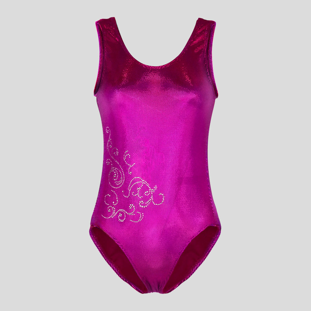 Australian made K-Lee Designs sleeveless leotard made with pink holographic velvet, adorned with beautiful diamante filigree design on the lower left