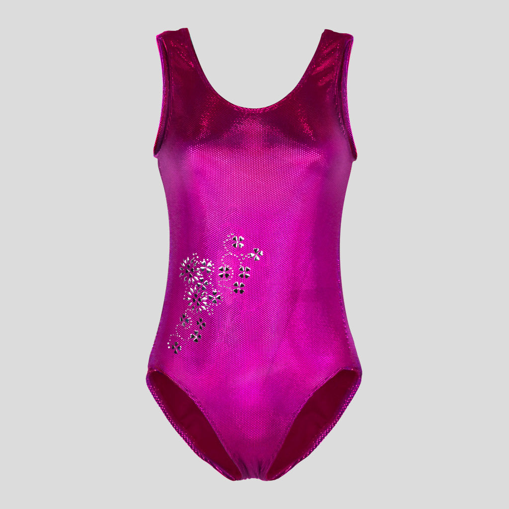 Australian made K-Lee Designs sleeveless leotard made with pink holographic velvet, adorned with gorgeous shiny silver foil floral design and diamantes on the lower left