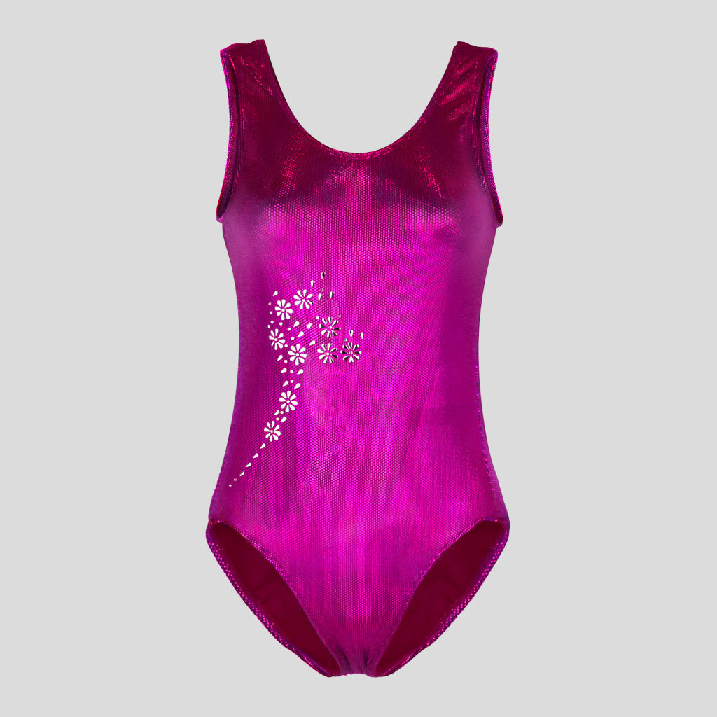 Australian made K-Lee Designs sleeveless leotard made with pink holographic velvet, adorned with gorgeous shiny silver foil floral design and diamantes on the left side