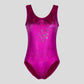 Australian made K-Lee Designs sleeveless leotard made with pink holographic velvet, adorned beautiful shiny silver floral design and diamantes across the right shoulder