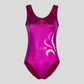 Australian made K-Lee Designs sleeveless leotard made with pink holographic velvet, adorned with complementing appliques and diamantes on the right side