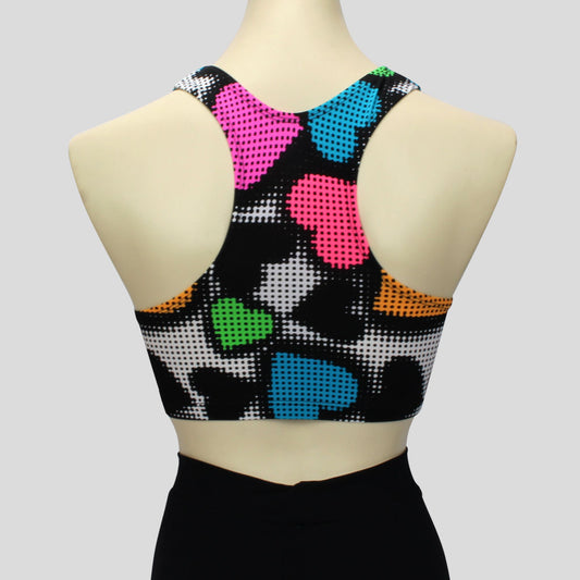 girls' pixel hearts print crop top in a sportsback style