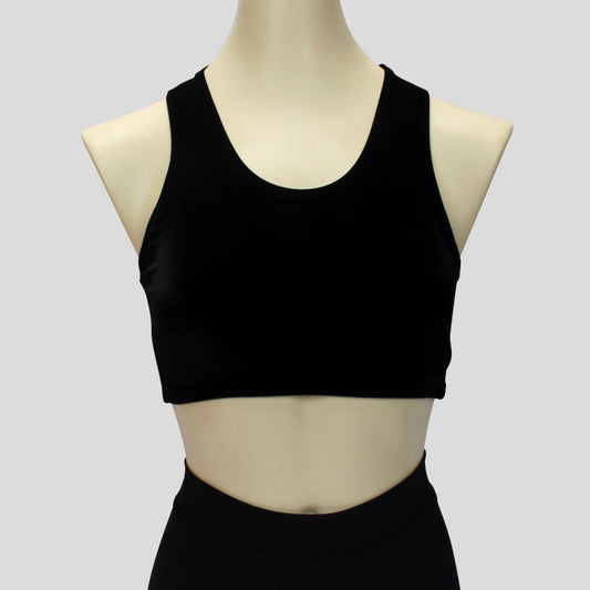 girls' essential black velvet crop top in a sportsback style