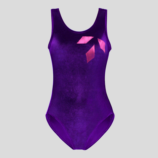 Girls' purple velvet leotard with pink geometric applique design