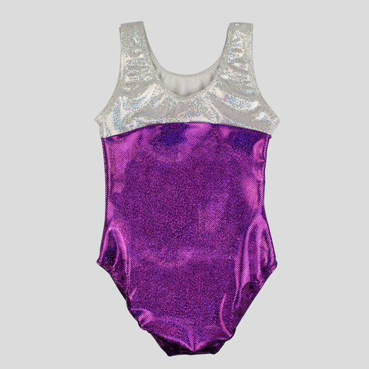 back of the girls' purple and white shattered glass leotard