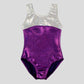 purple leotard body with white chest and straps in shattered glass lycra fabric