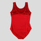 back of bright red leotard with diamante applique on the chest area