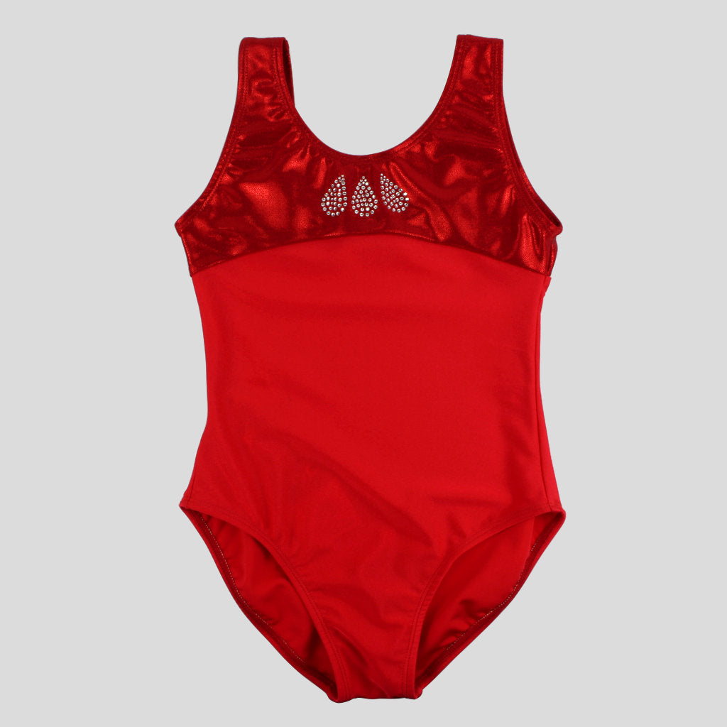 Vibrant red leotard with tear drop diamante appliques on the chest area