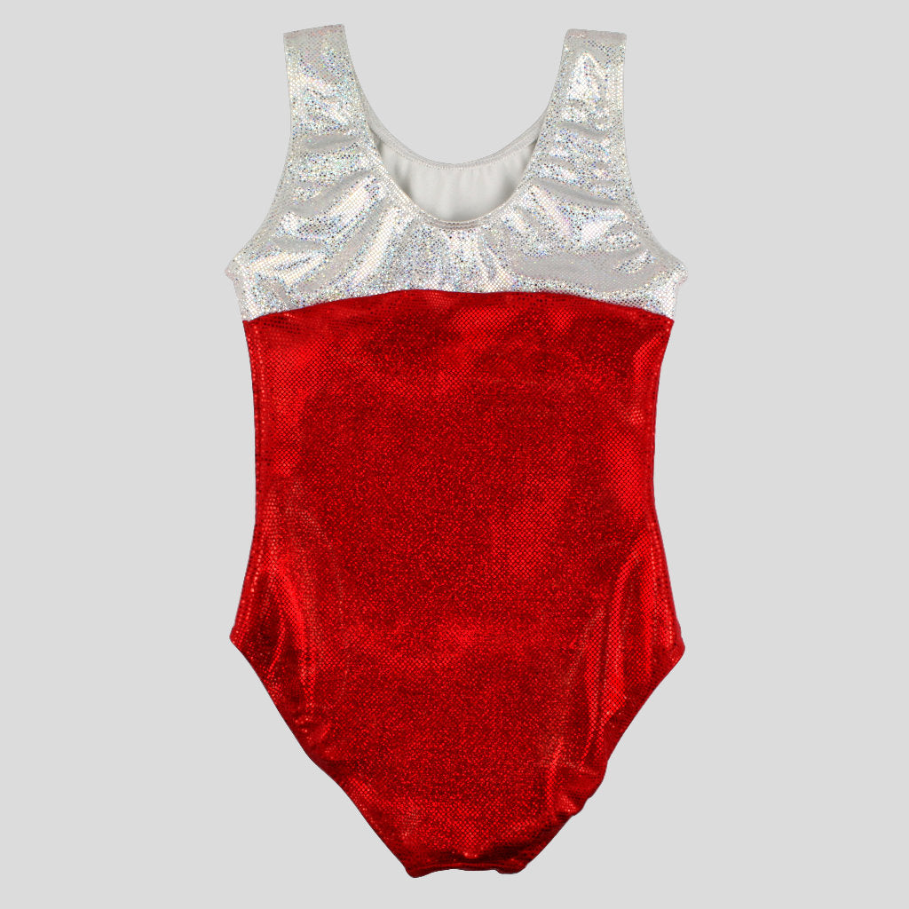 girls' red leotard with accented white chest and shoulders in shattered glass fabric