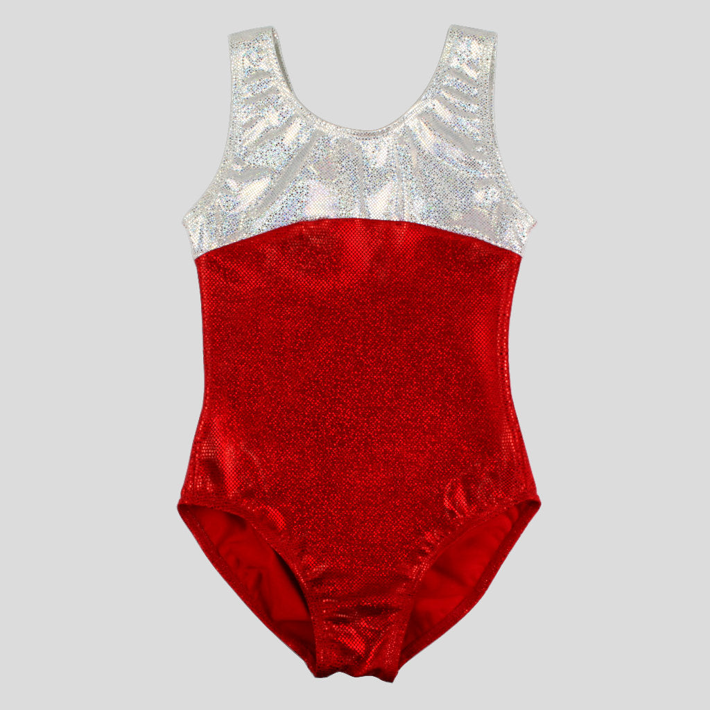 girls' red leotard with accented white chest and shoulders in shattered glass fabric