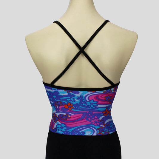 retro floral print top in blues and purples with crossover black straps