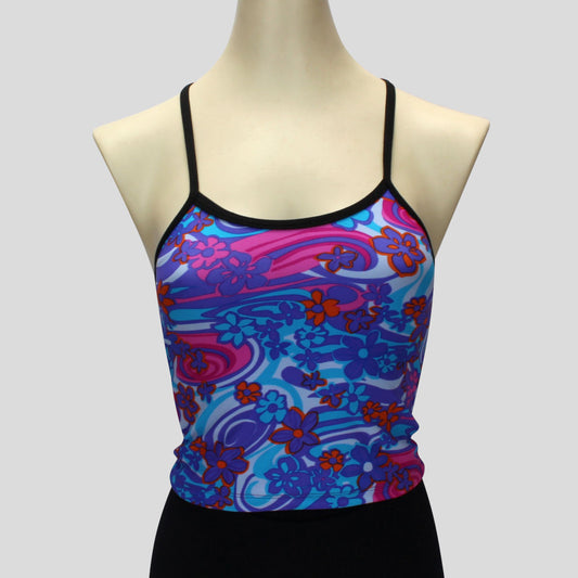 girls' retro floral print top in cool shades with crossover black straps