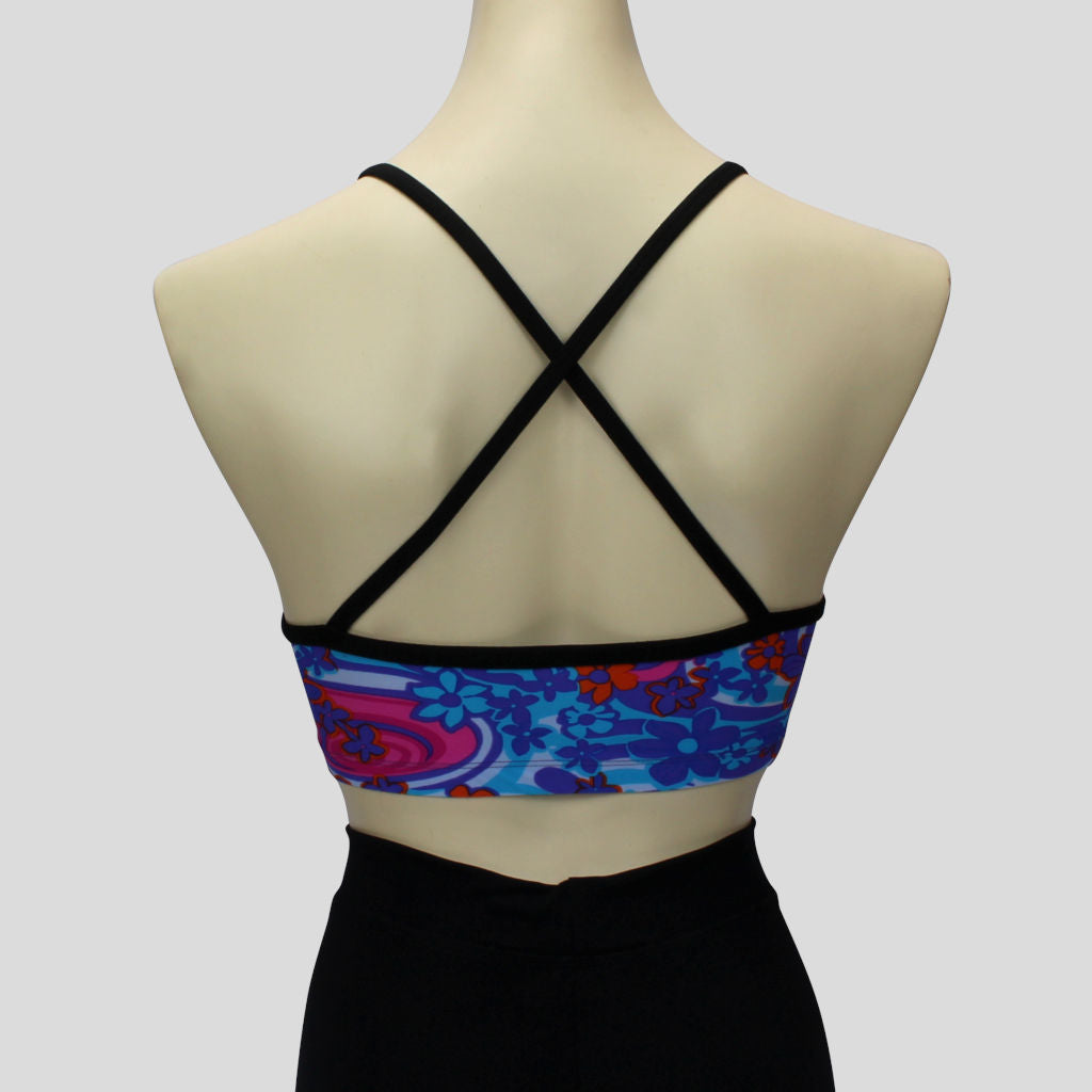 girls' retro floral print short crop top in blues and purples with crossover black straps
