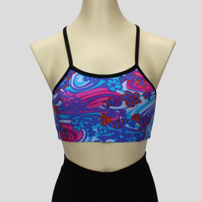 girls' retro floral print crop top in cool shades with crossover black straps