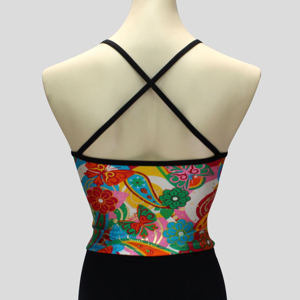 girls colourful retro paisley print crop top with black crossover straps