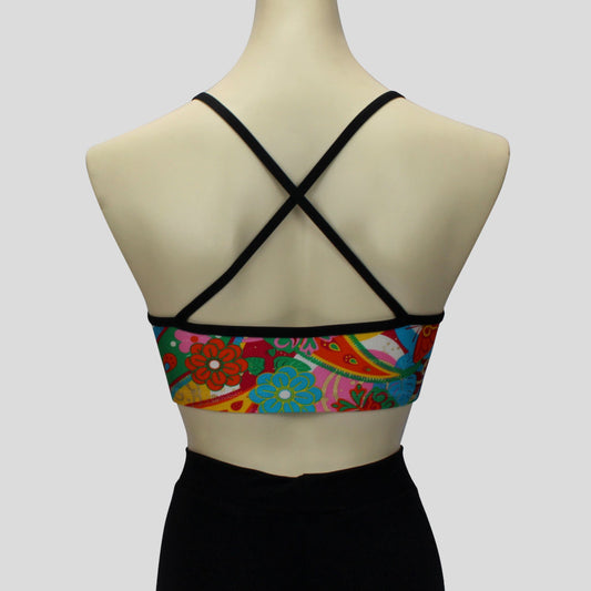 girls' floral retro paisley print crop top with black crossover straps