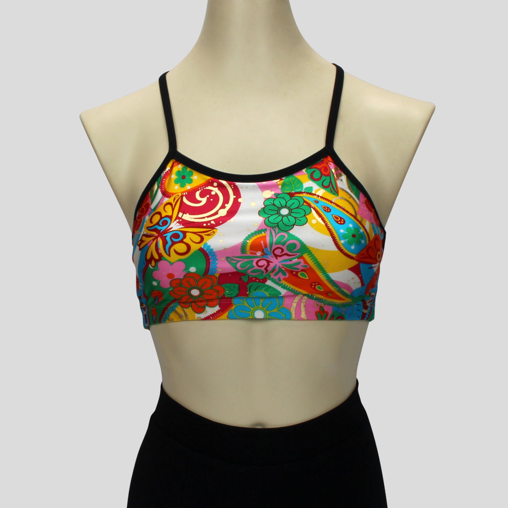 girls' colourful retro paisley print crop top with black straps