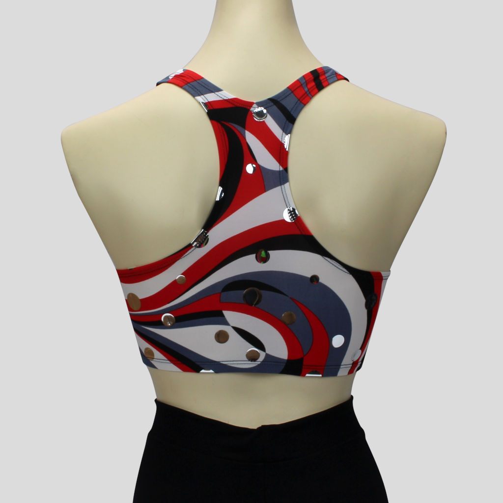 back view of the girls' retro red print crop top in a sportsback style