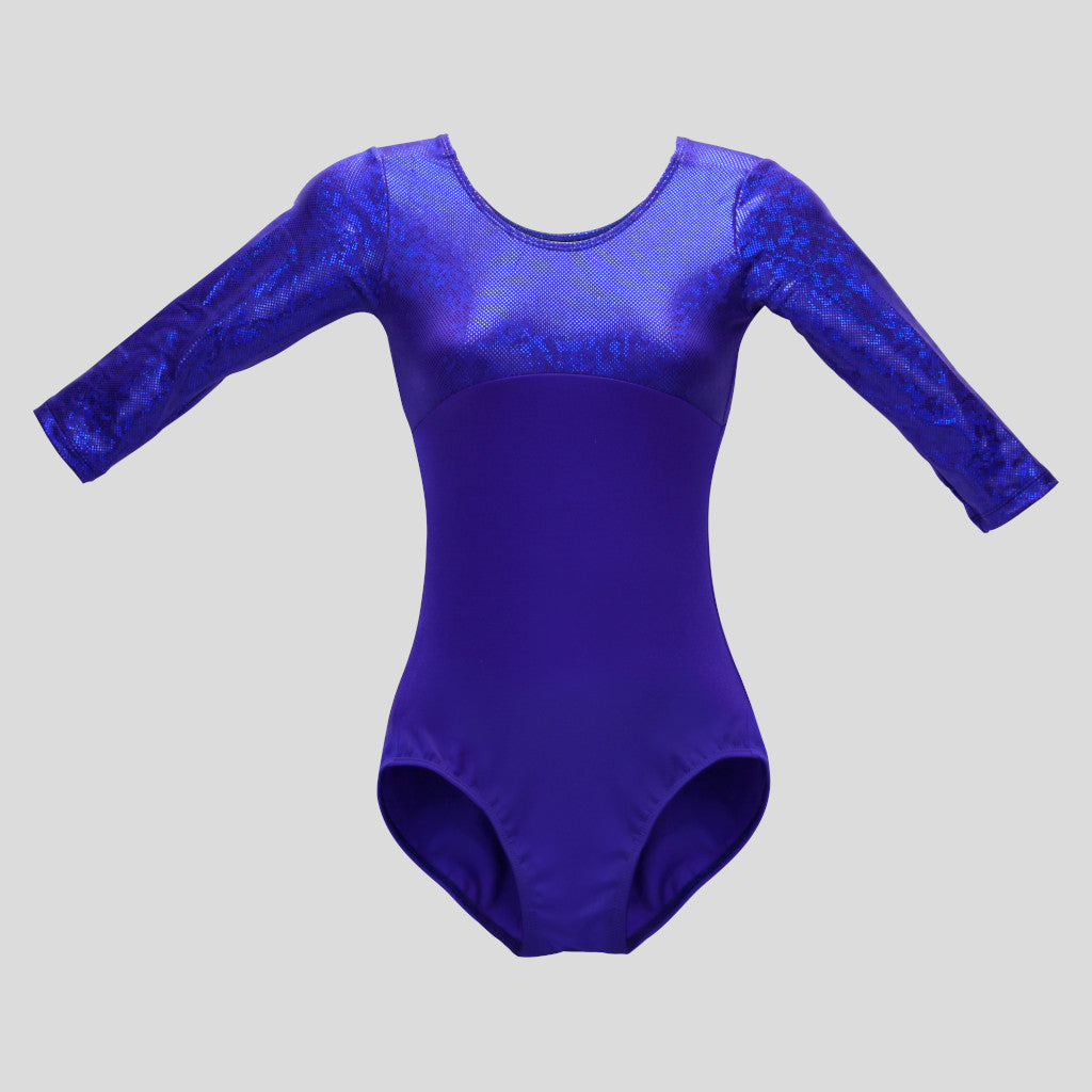 Australian made girls long sleeve leotard with an indigo bodice and a holographic shattered glass effect top