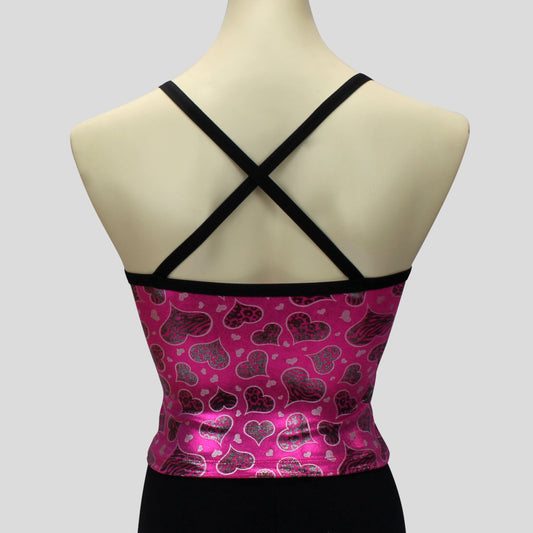 girls' shimmery pink with silver hearts top with black crossover straps