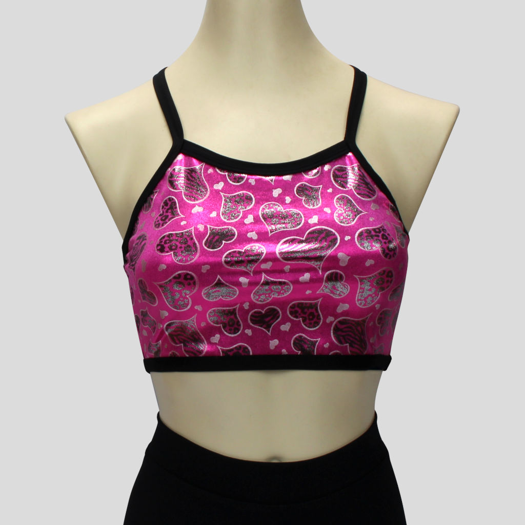 girls' shimmery pink with silver hearts crop top with black straps