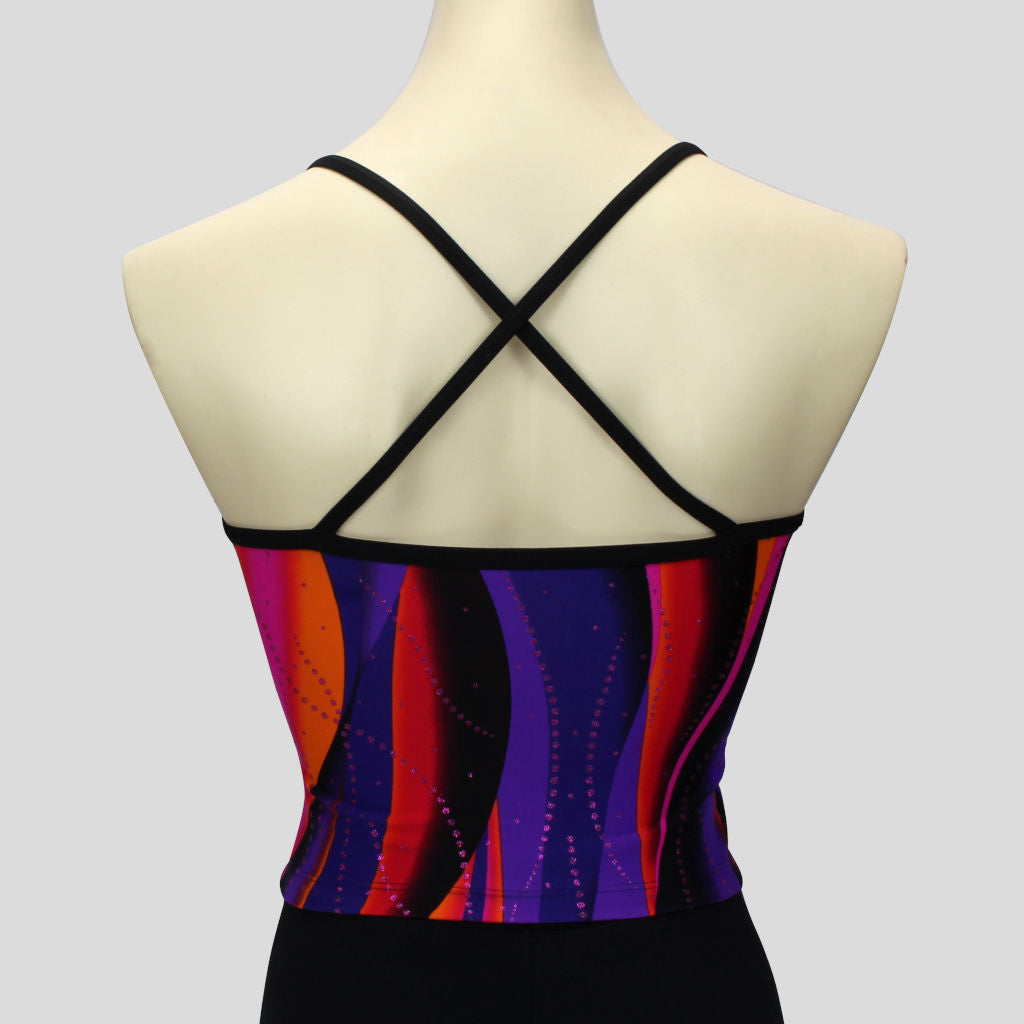 back view of the girls' sunset swirl print top with pink glitter trails and black straps