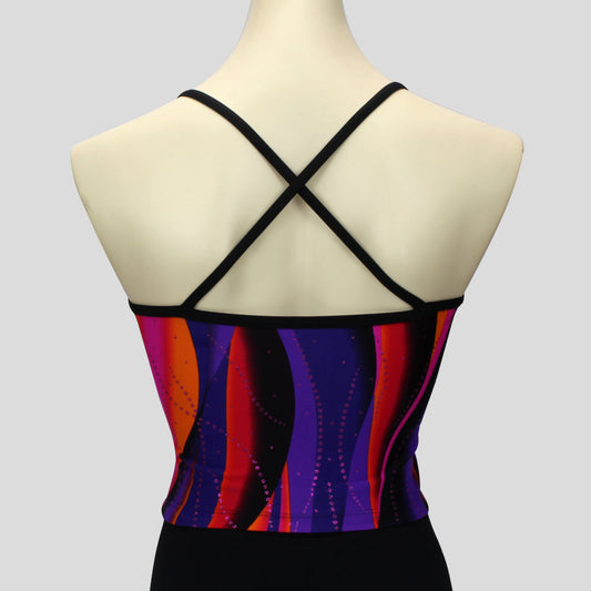 back view of the girls' sunset swirl print top with pink glitter trails and black straps