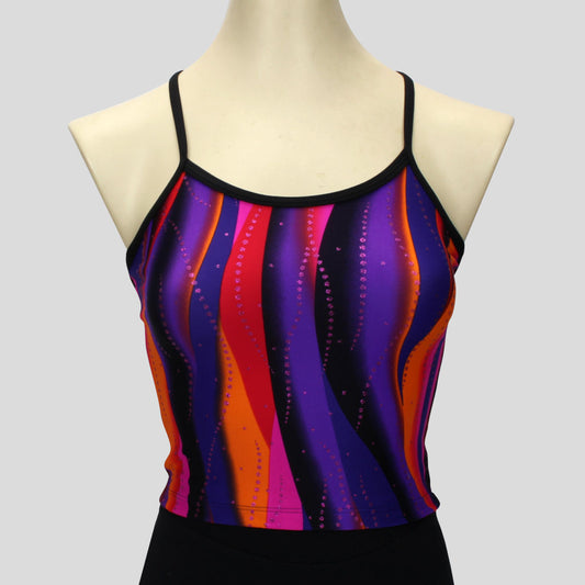 sunset swirl print long crop top with pink glitter trails and black straps
