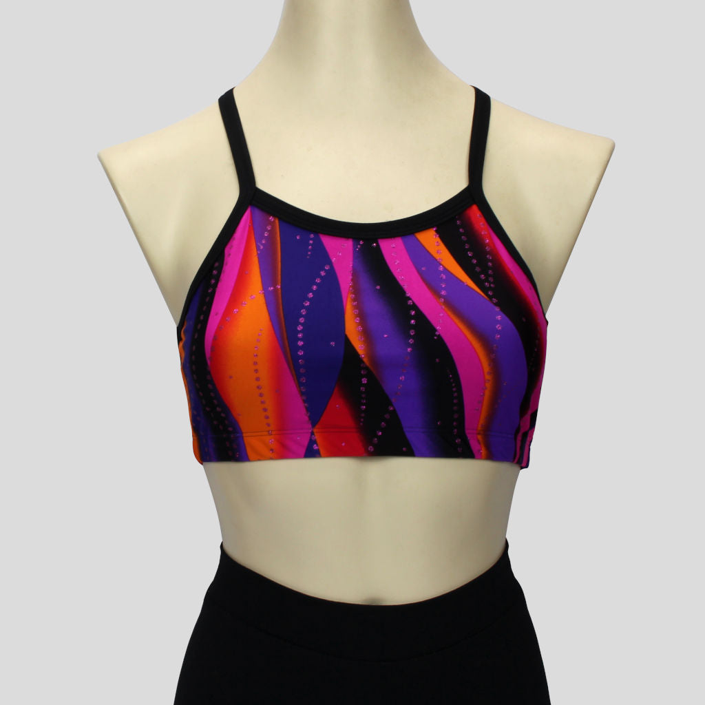 girls' sunset swirl print crop top with pink glitter trails and black straps