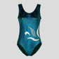 Australian made K-Lee Designs sleeveless leotard made with teal jade holographic velvet, adorned with beautiful appliques and diamantes on the lower right