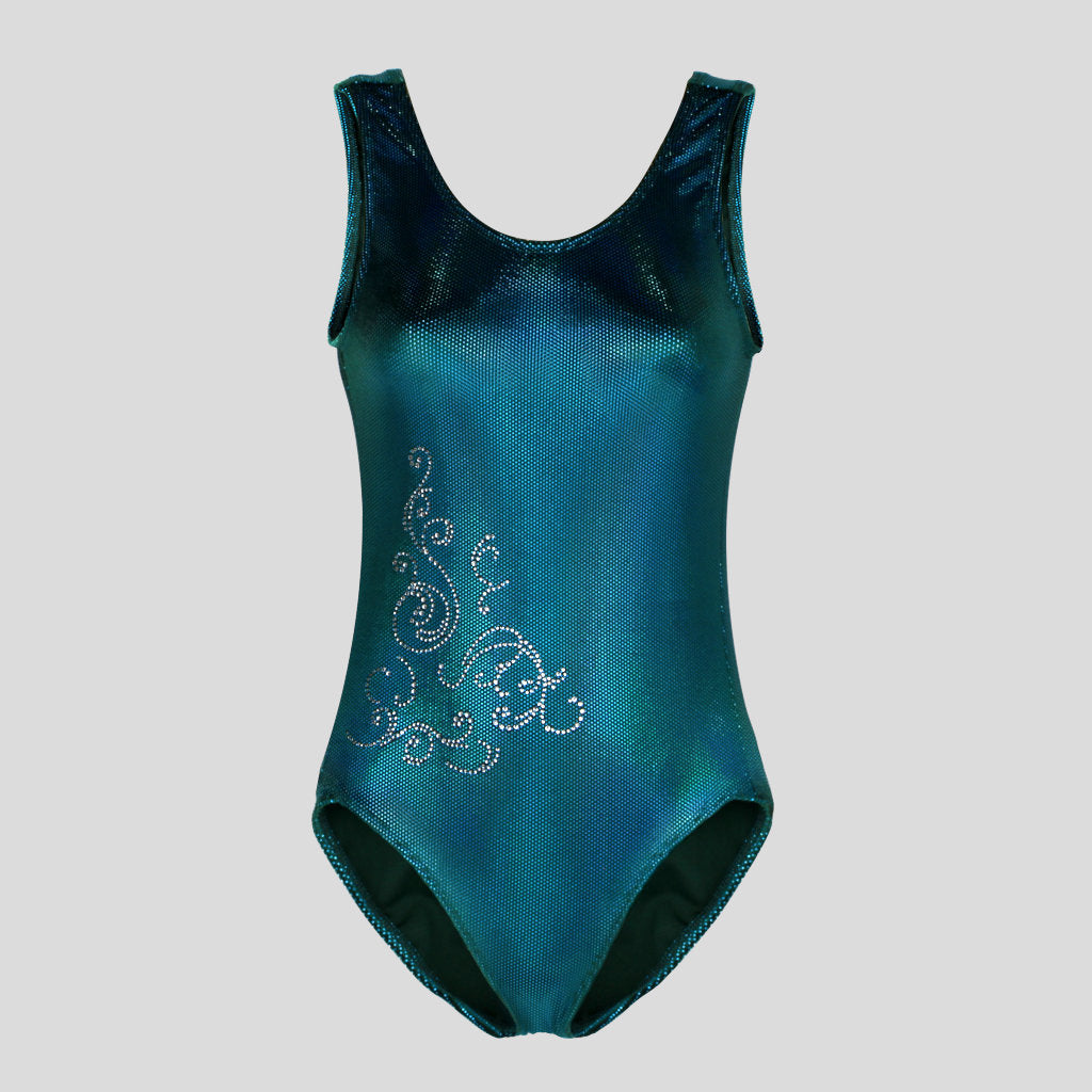 Australian made K-Lee Designs sleeveless leotard made with teal jade holographic velvet, adorned with beautiful diamante filigree design on the lower left