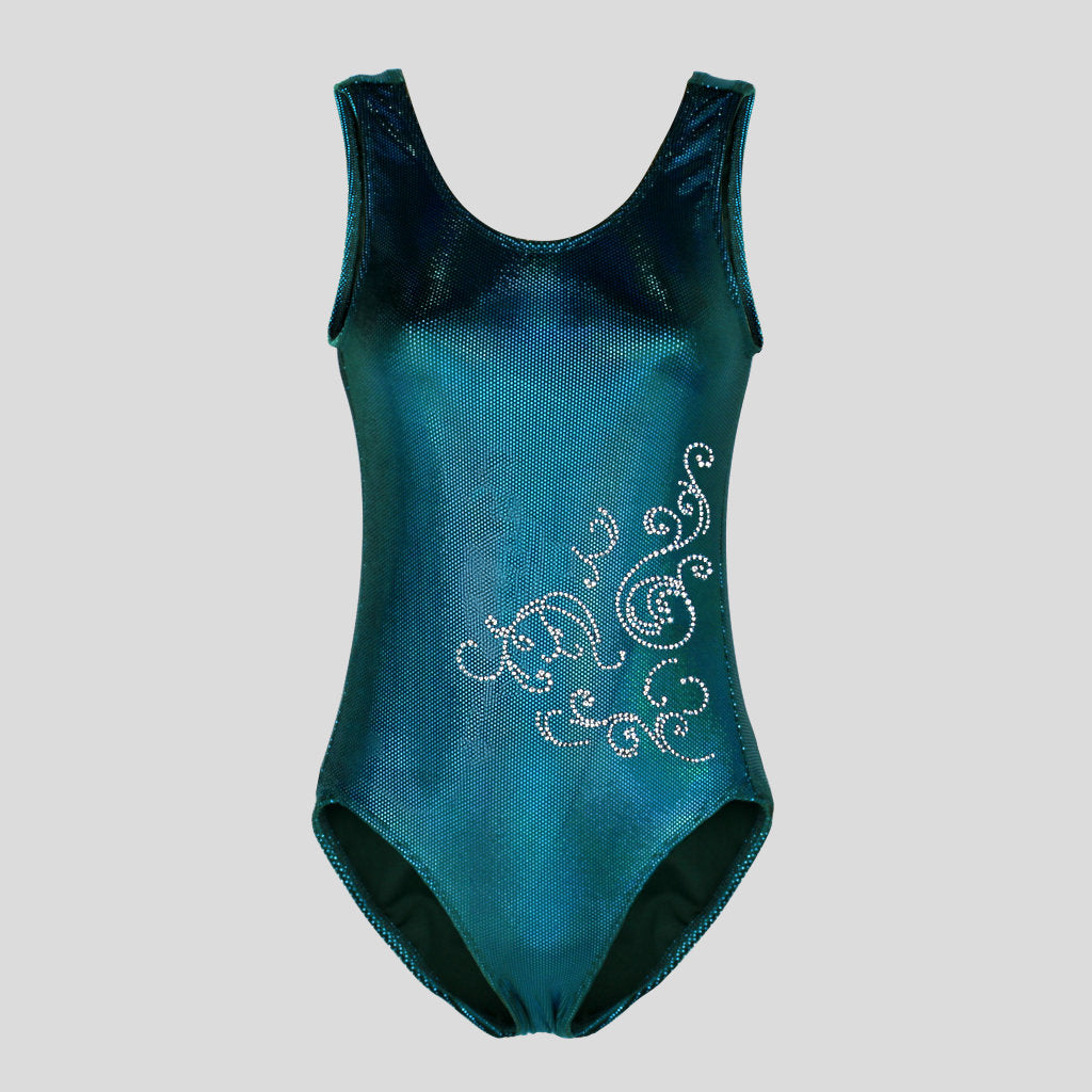 Australian made K-Lee Designs sleeveless leotard made with teal jade holographic velvet, adorned with beautiful diamante filigree design on the lower right