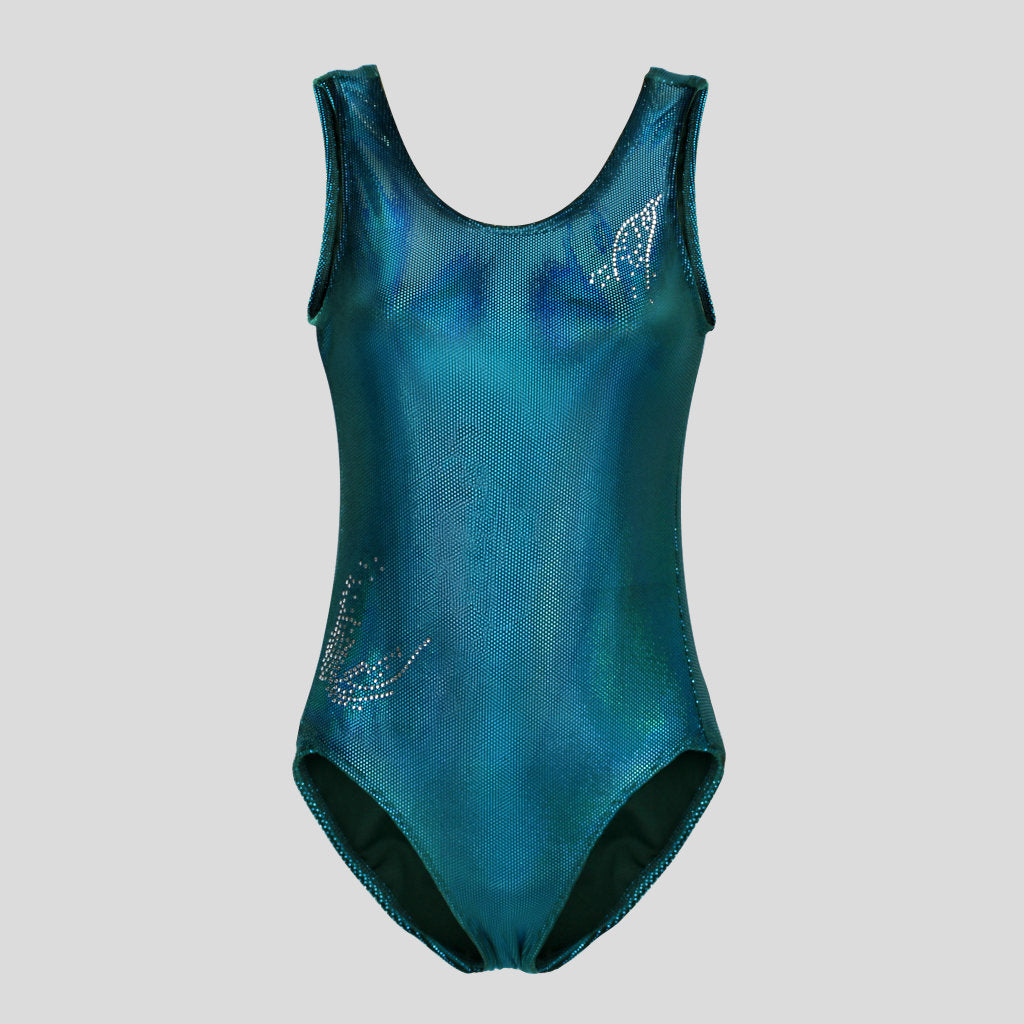 Australian made K-Lee Designs sleeveless leotard made with teal jade holographic velvet, adorned with unique diamante design